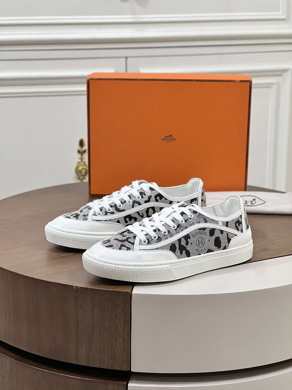 white Hermès Leopard Print Sneakers - Hermès Leopard Print Sneakers