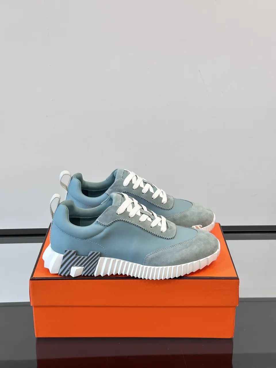 leather Hermès Sky Blue Sneakers - Hermès Sky Blue Leather Sneakers