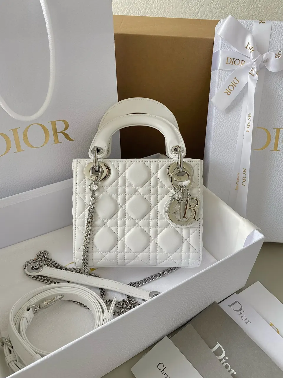 Christian Dior Dior Lady Dior White Lether Mini Handle Bag Leather