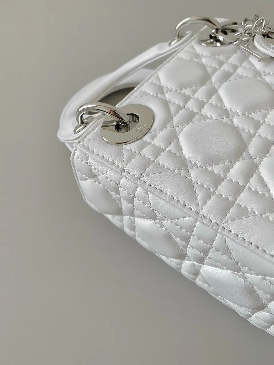 Christian Dior Dior Lady Dior White Lether Mini Handle Bag Leather
