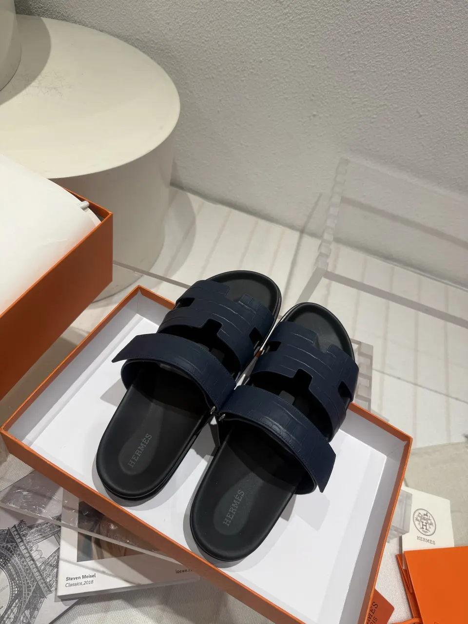leather Hermès Navy Croc Slides - Hermès Navy Croc Leather Adjustable