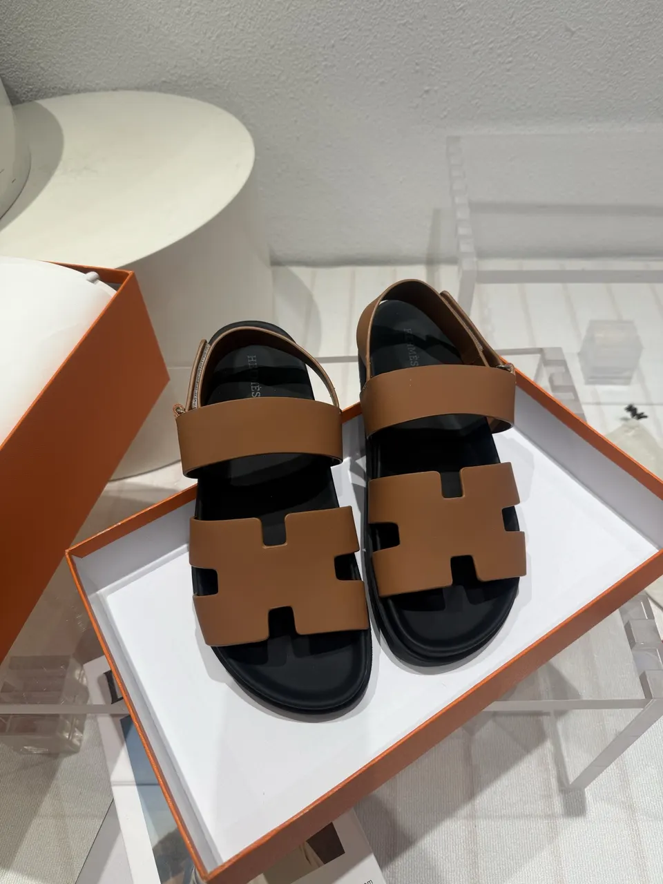 Hermès Caramel Leather 'H' Sandals - Adjustable Strap