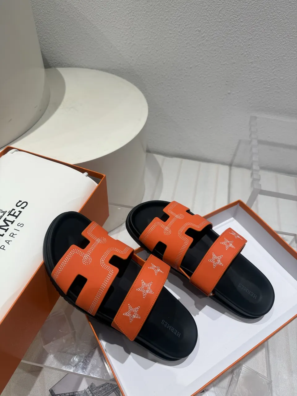 Hermès Orange Starburst Slides - Iconic 'H' Design