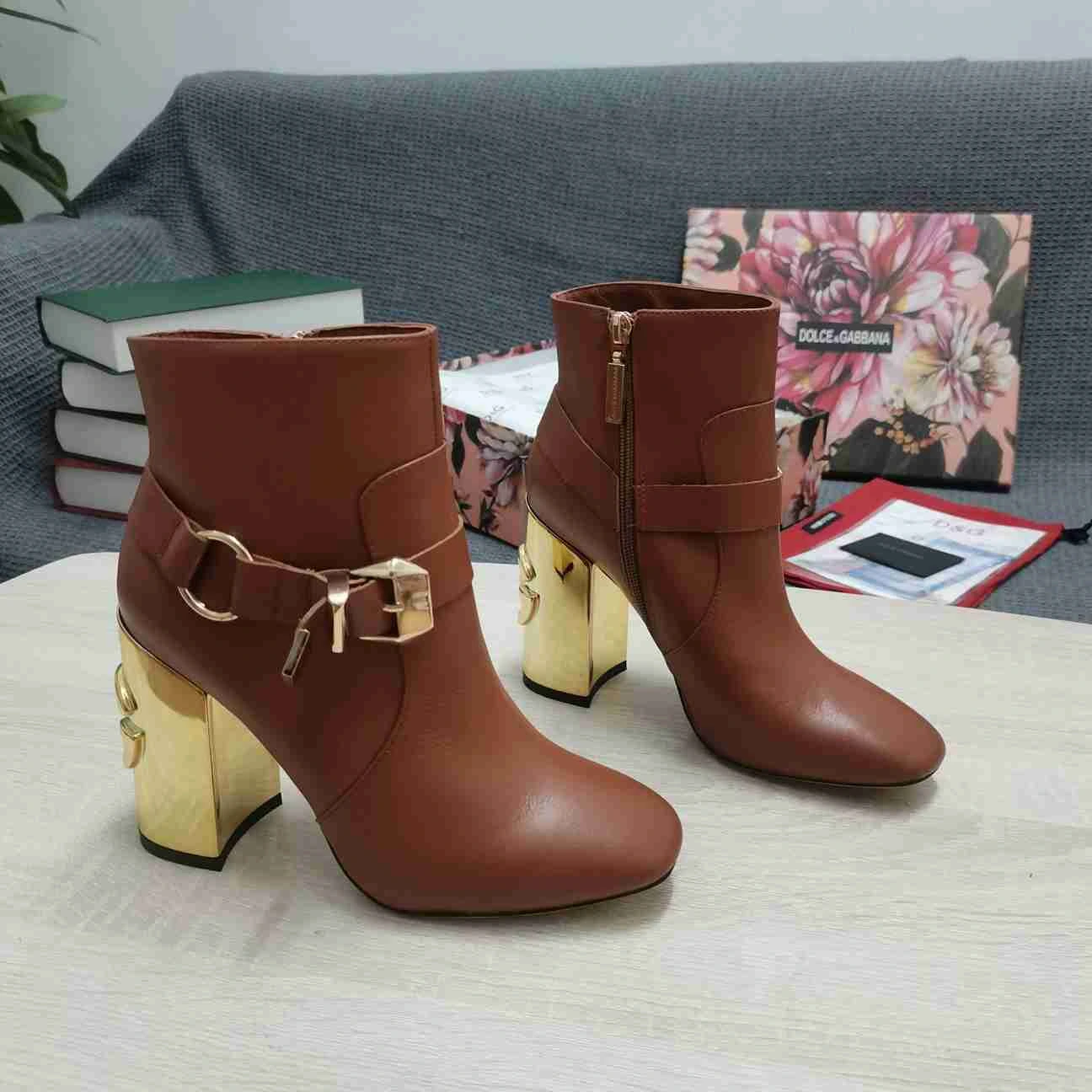 Dolce & Gabbana Ankle Boots Brown Leather Buckle Detail Gold Heel