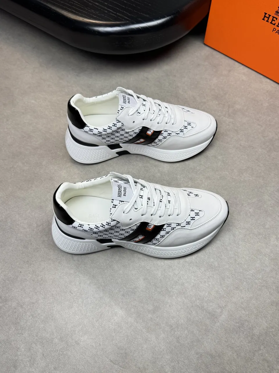 Hermès White 'H' Print Sneakers - Black Trim