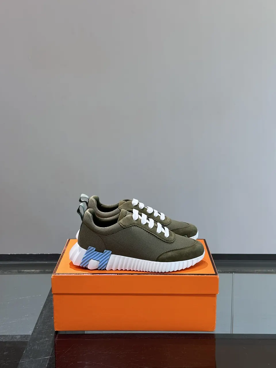 Hermès Olive Green Tech Sneakers - White Sole Accent