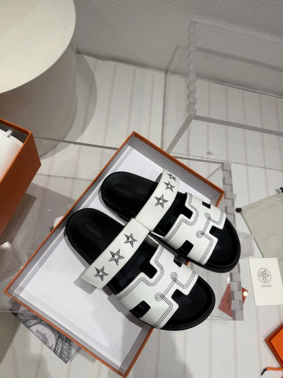 Hermes  Calfskin Embroidered Womens Chypre Sandals white