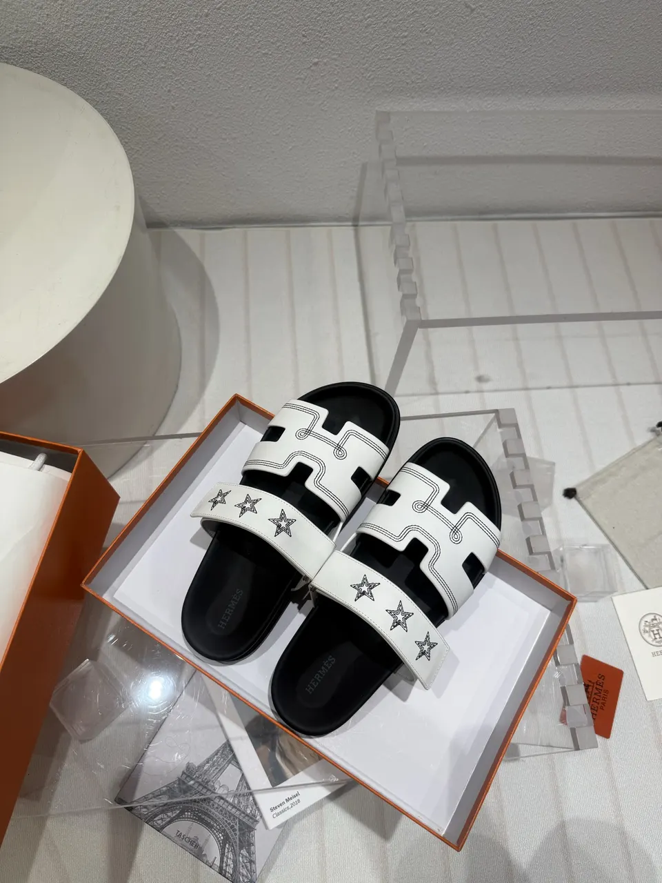 Hermès Star Black Slides - Hermès White Star Black Slides - Luxury