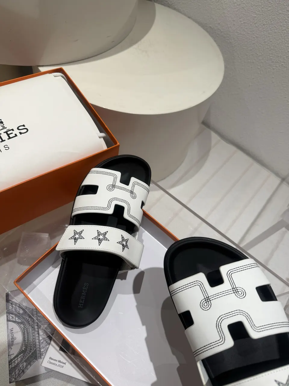 Hermes  Calfskin Embroidered Womens Chypre Sandals white