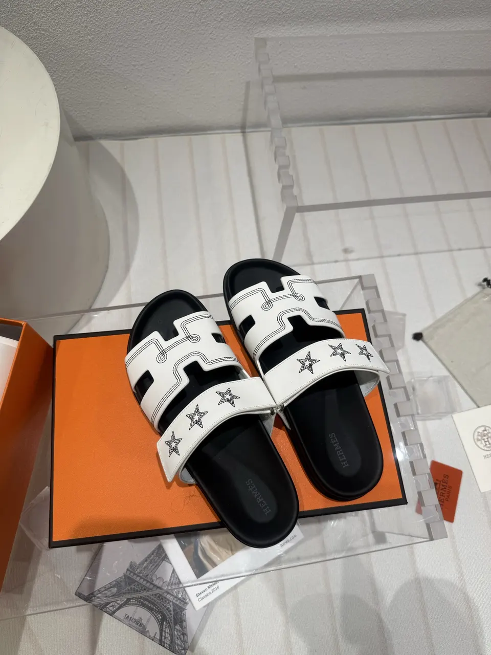 Hermes  Calfskin Embroidered Womens Chypre Sandals white