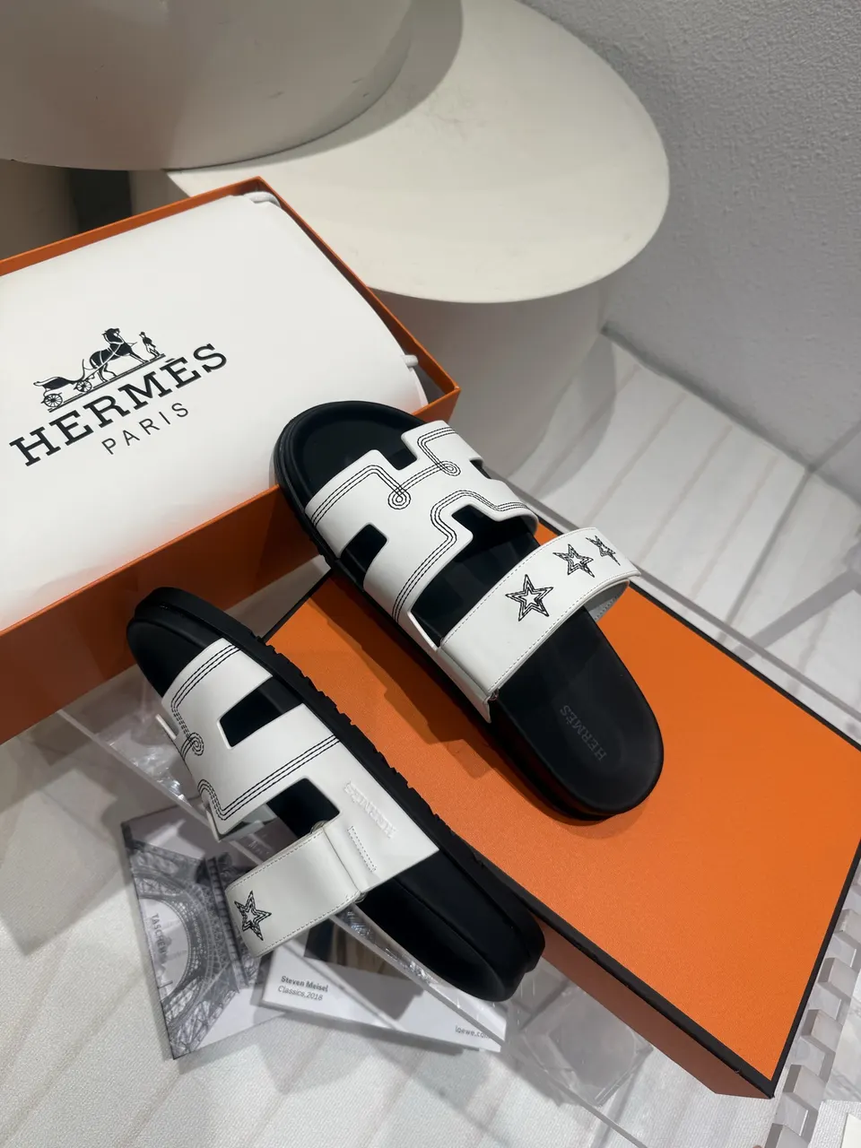 Hermes  Calfskin Embroidered Womens Chypre Sandals white