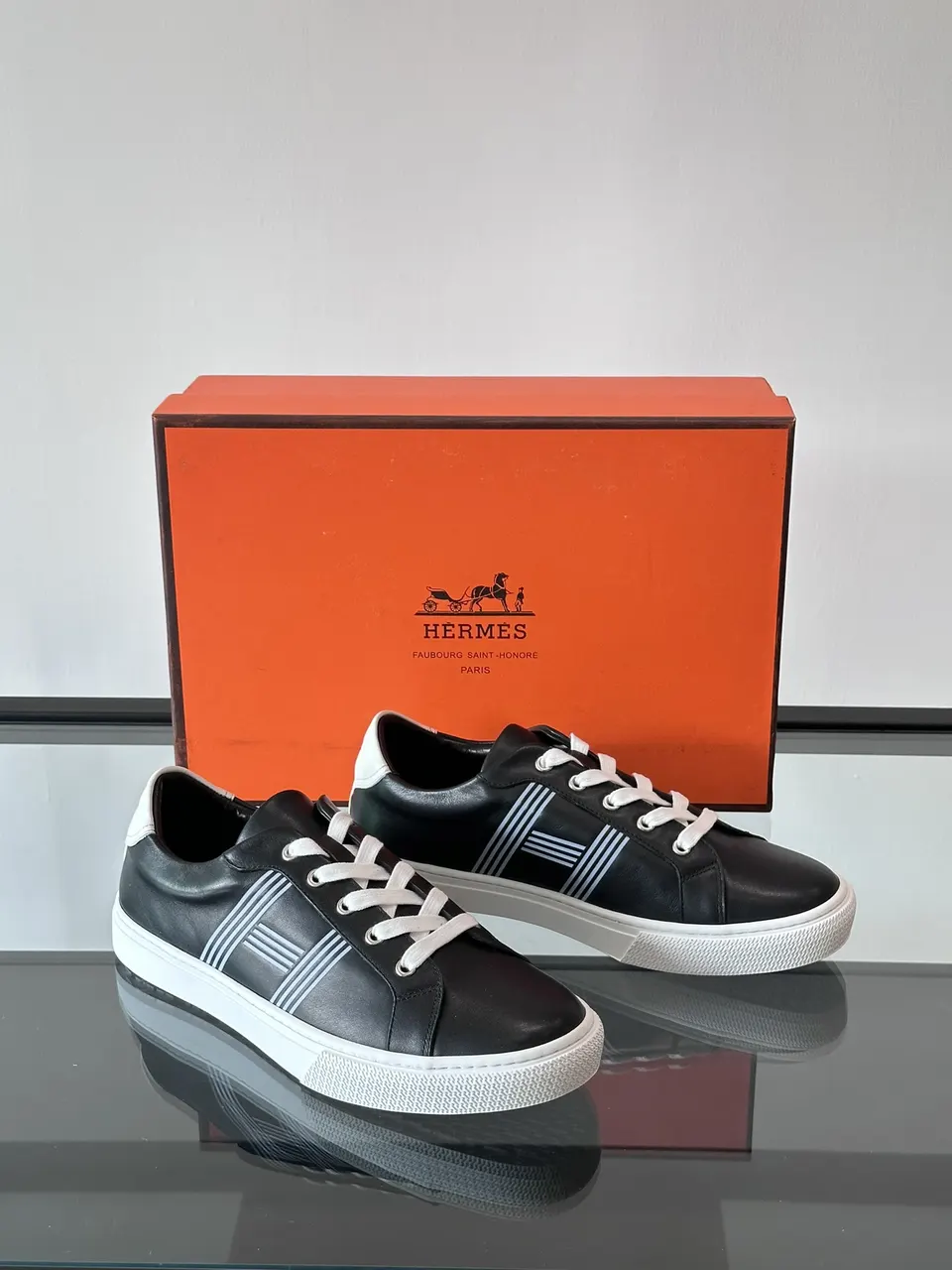 Hermes  Calfskin Mens Advantage Sneakers  Black White