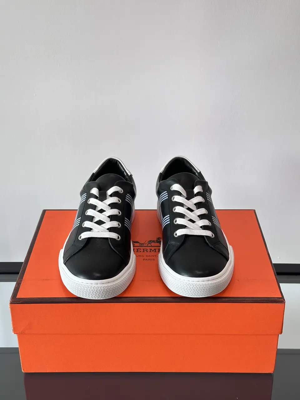Hermes  Calfskin Mens Advantage Sneakers  Black White