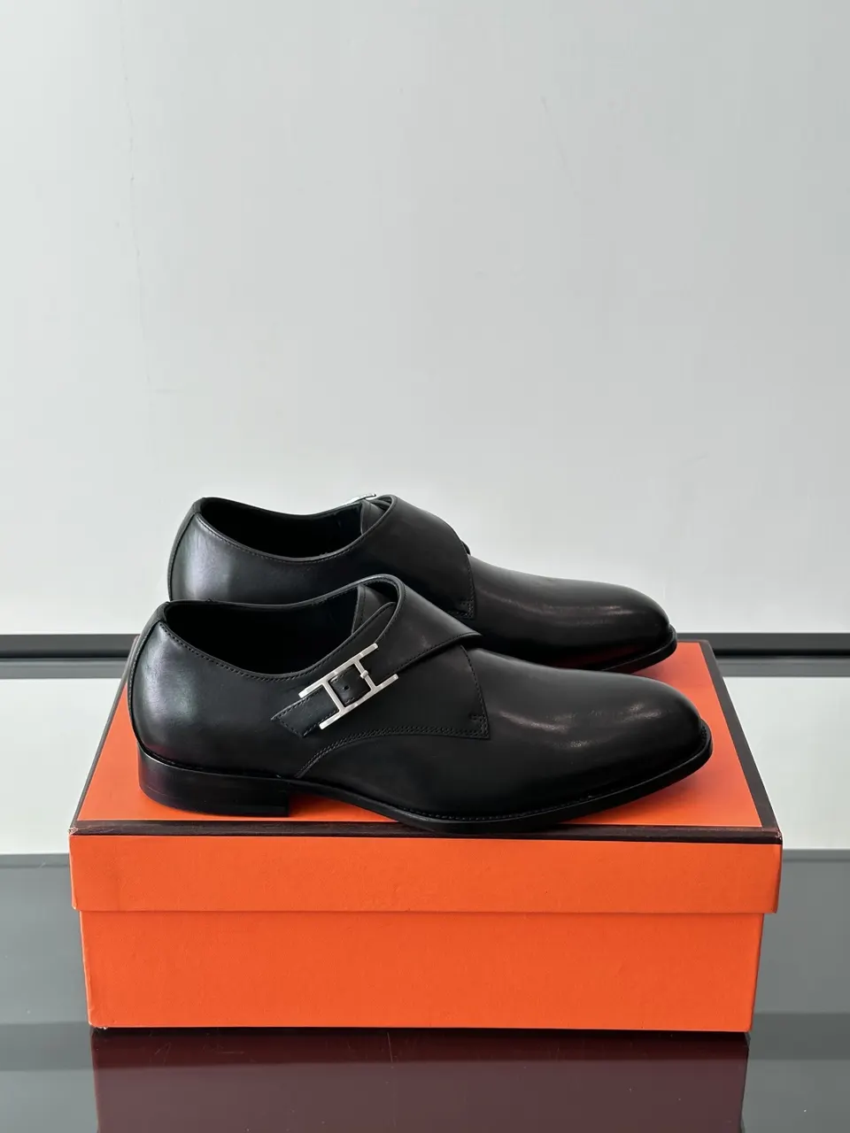 silver Hermès Black Leather Monk Strap Shoes - Hermès Black Leather