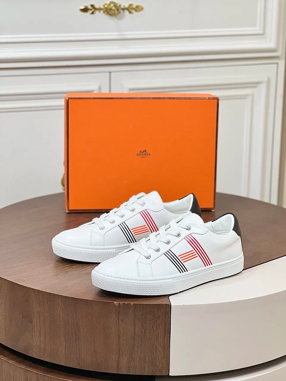 Hermès White Leather Stripe Sneakers - Black Heel Accent