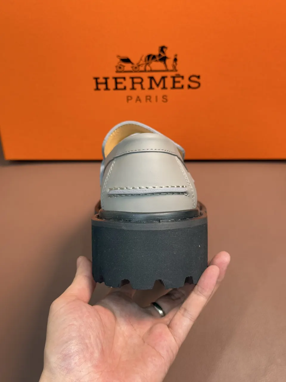 Hermes  Epsom Womens Destin Loafer GRAY Blanc Gomme