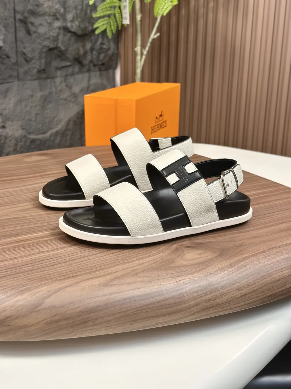 Hermes White and Black Calfskin Sandals