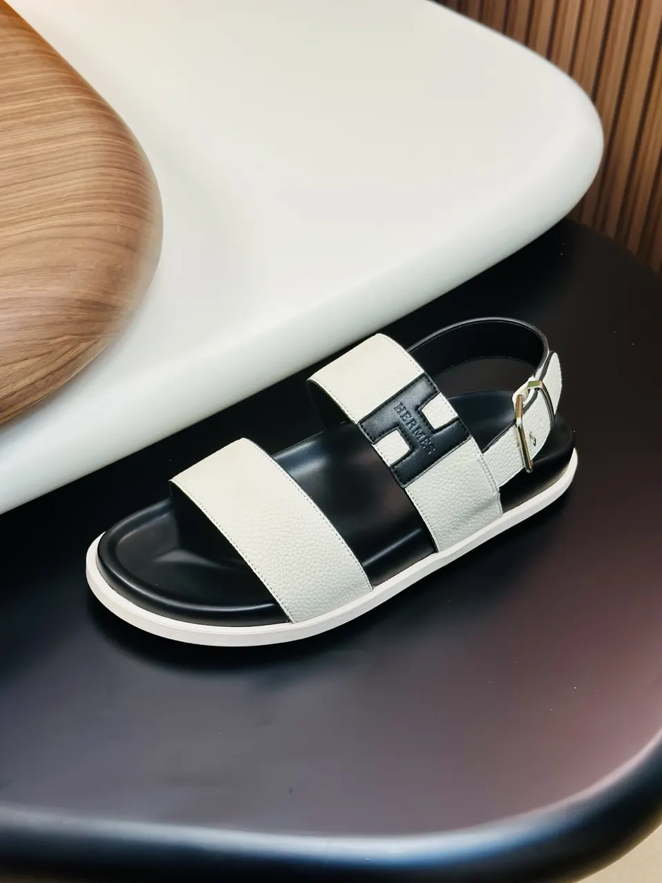 Hermes White and Black Calfskin Sandals