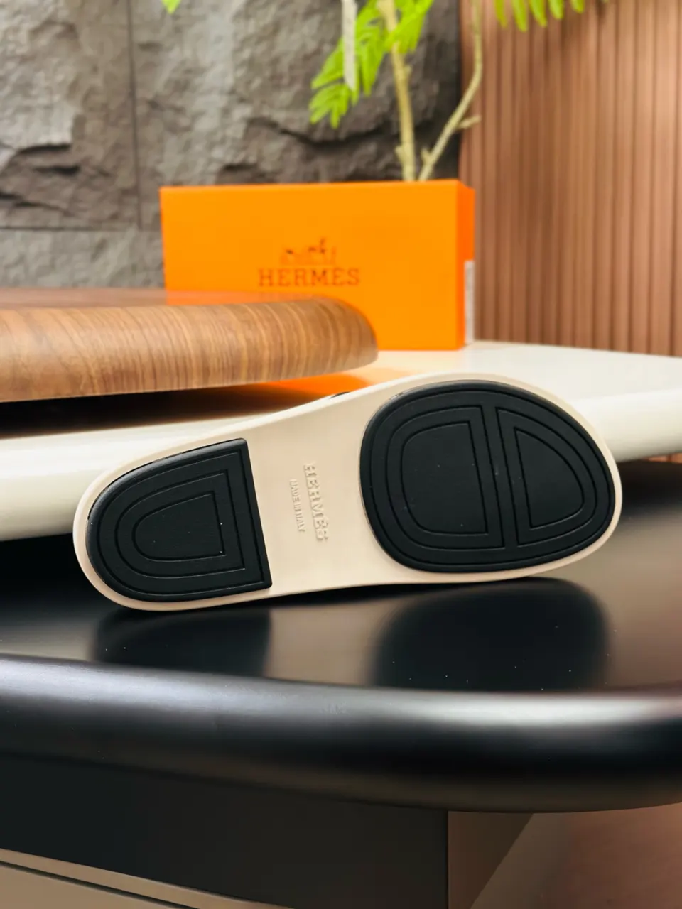 Hermes White and Black Calfskin Sandals