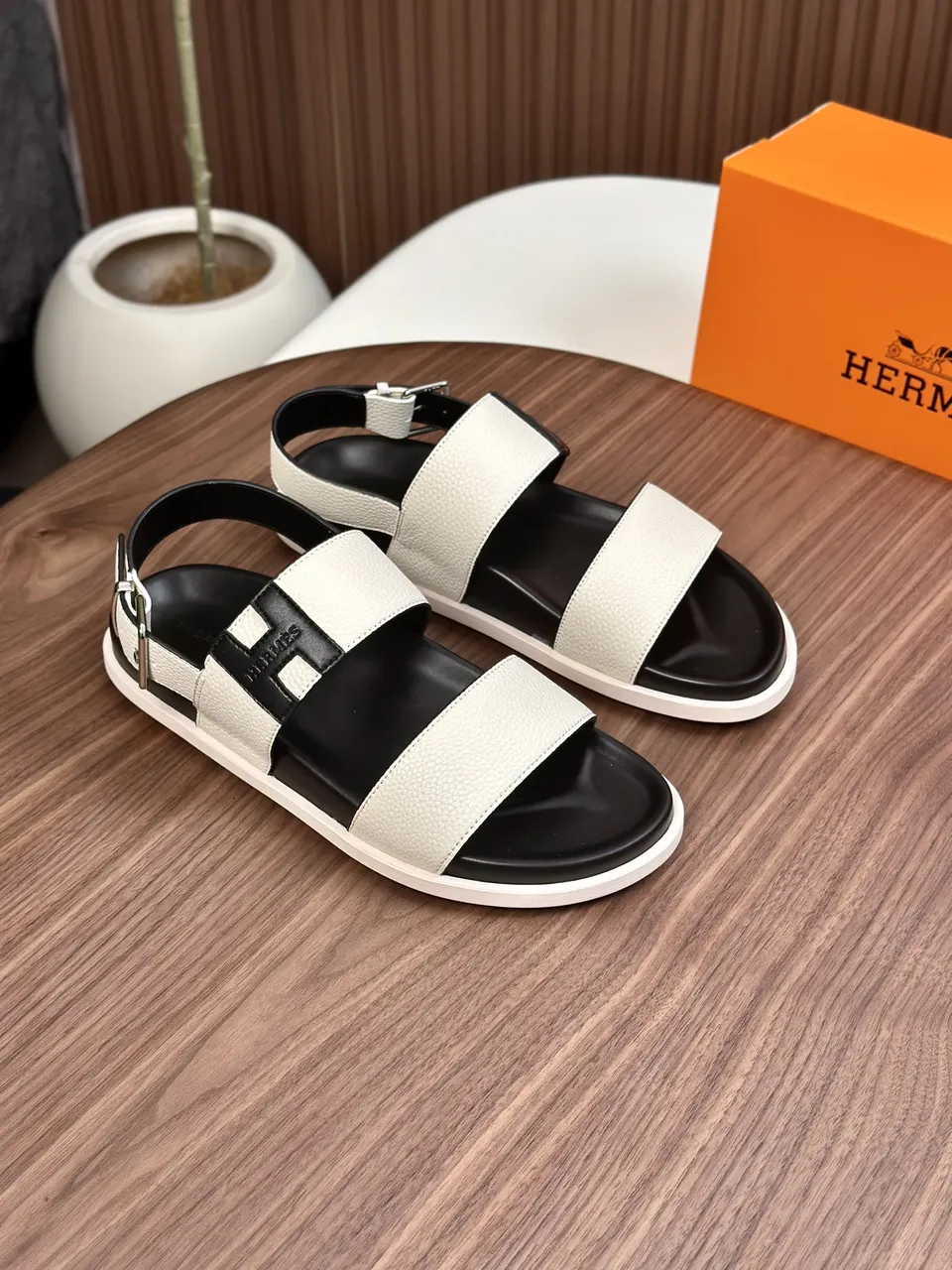 Hermes White and Black Calfskin Sandals