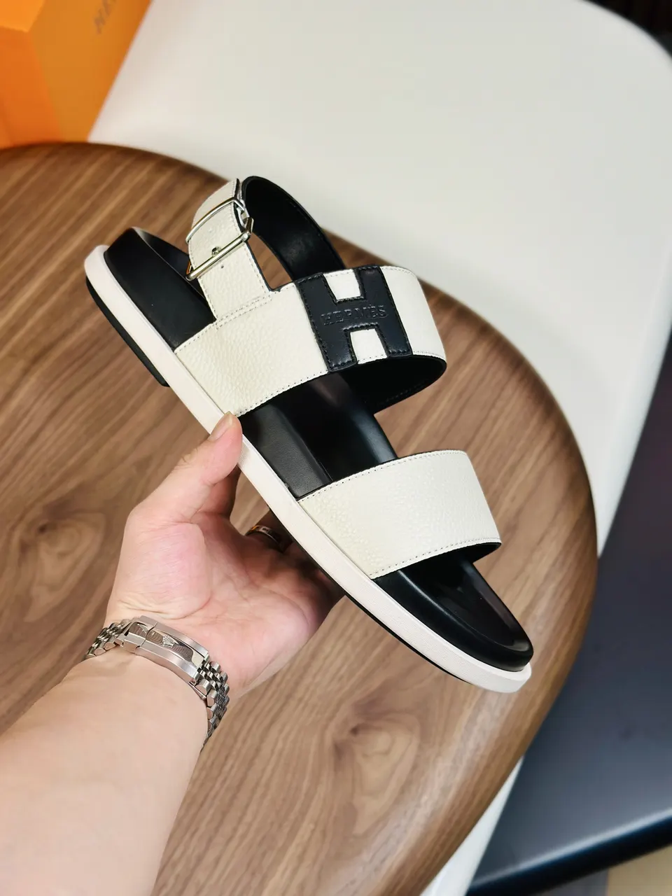 Hermes White and Black Calfskin Sandals