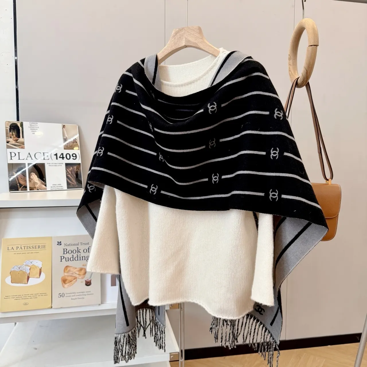 Chanel striped logo scarf - Chanel Black & White Striped Logo Wool