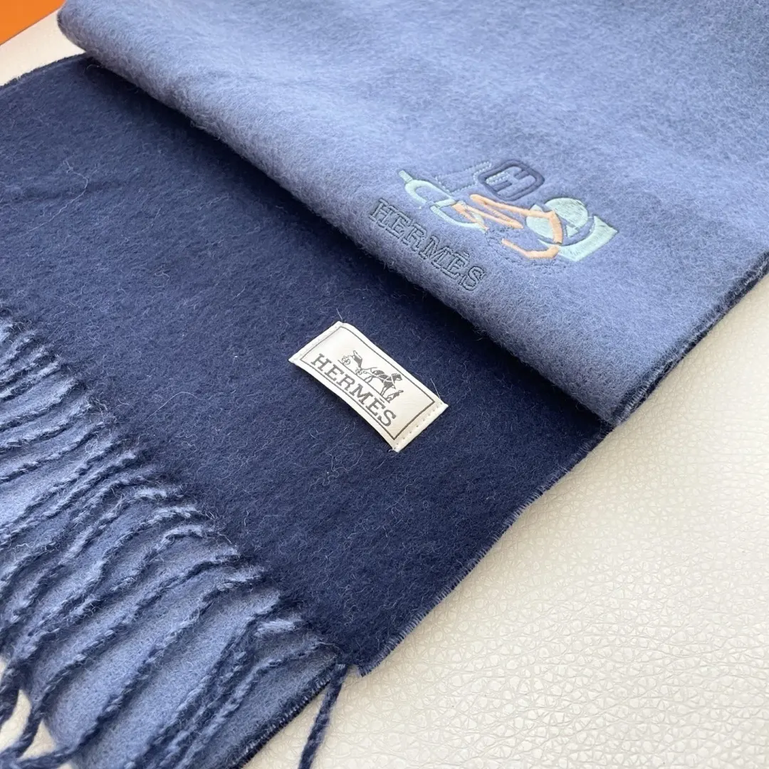 Hermès Two-Tone Blue Cashmere Scarf - Embroidered Logo