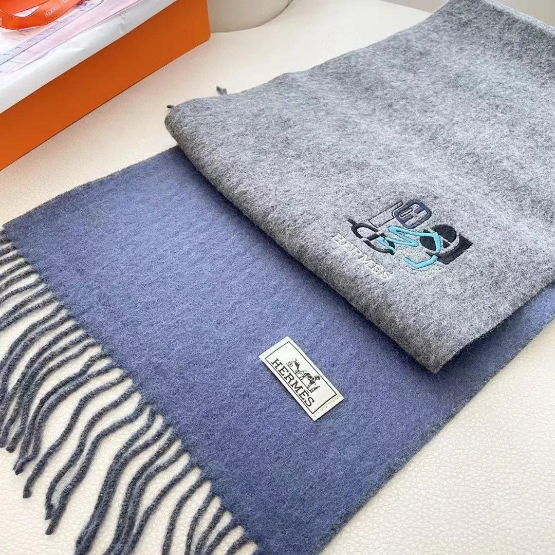 Hermès Grey Blue Wool Scarf Embroidered Logo - Luxury