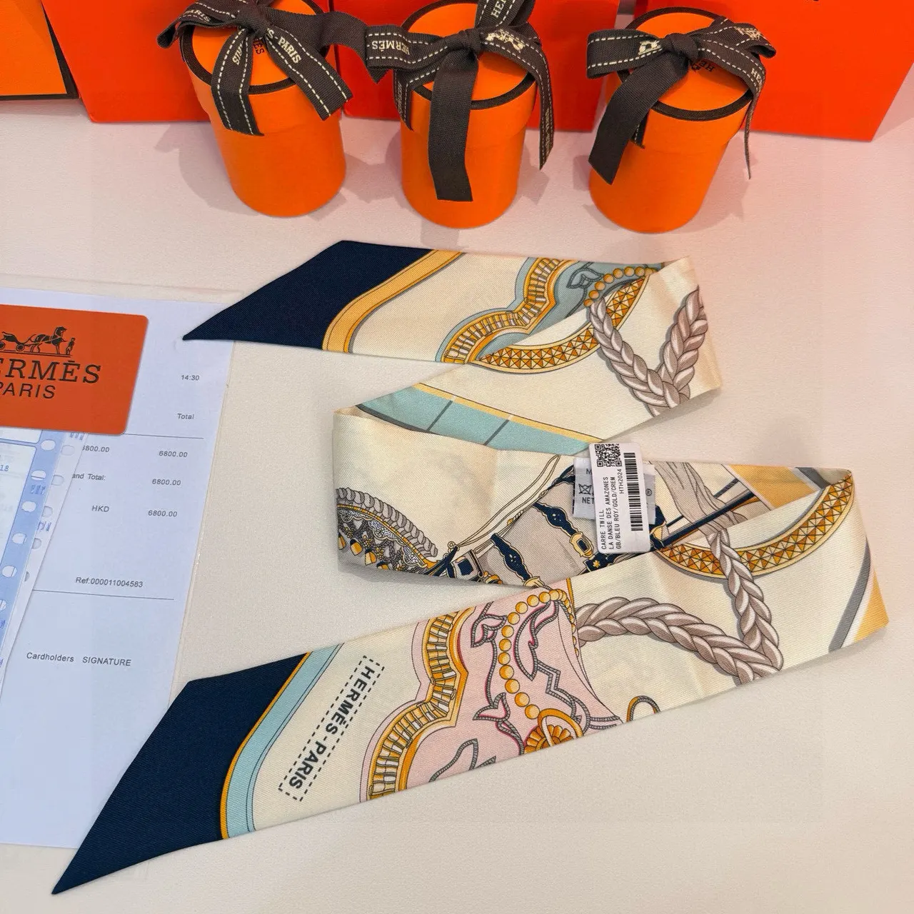 Hermès Cream Silk Twilly Scarf Horse Carriage Design