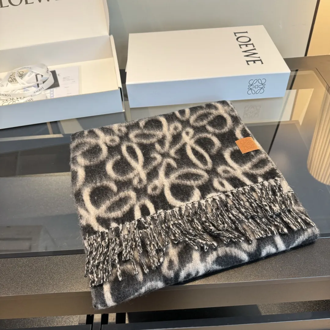Loewe Anagram Black & Ivory Wool Scarf - Cozy Chic