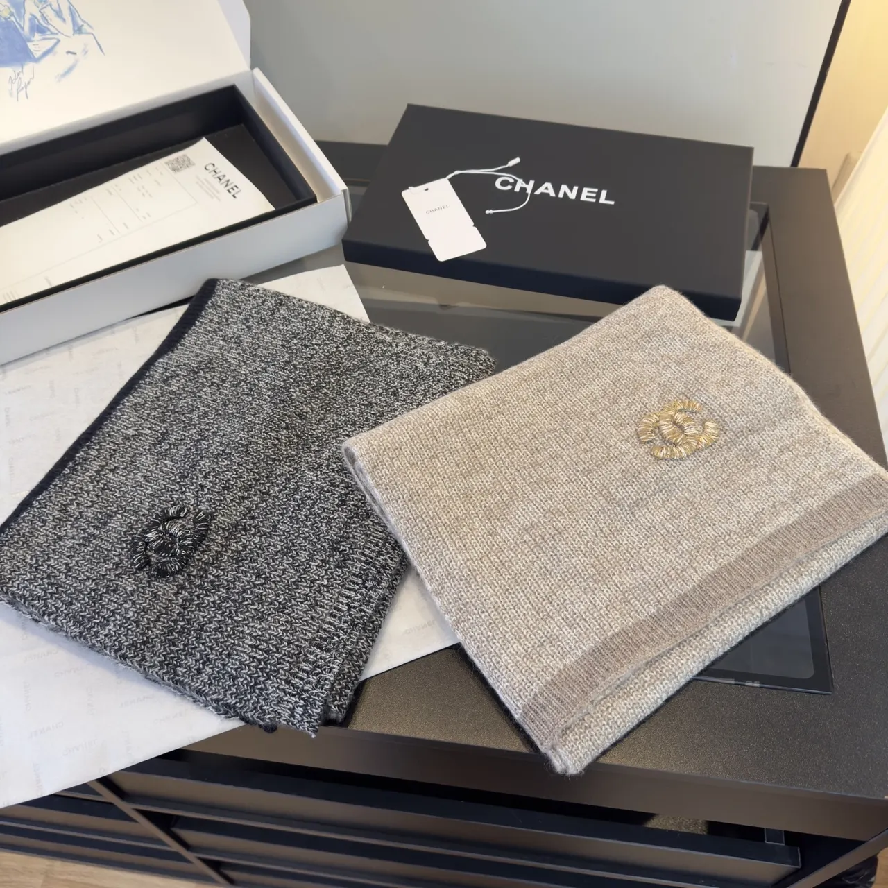 two Chanel Knit Scarf Set - Chanel Two-Tone Knit Scarf Set - Black &