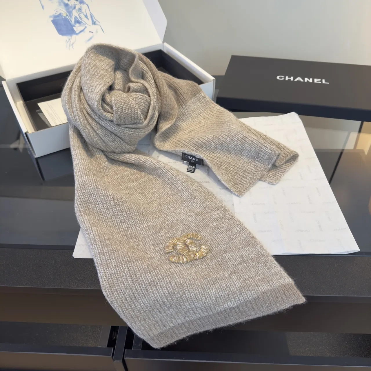 Chanel Beige Cashmere Scarf – Iconic CC Logo