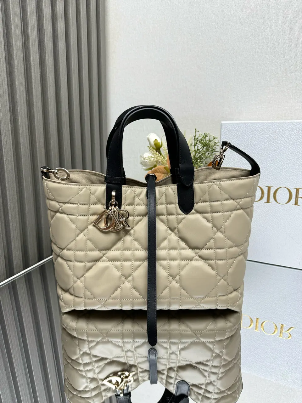 Medium Dior Toujours Bag Rope Beige and Black Macrocannage Calfskin | DIOR