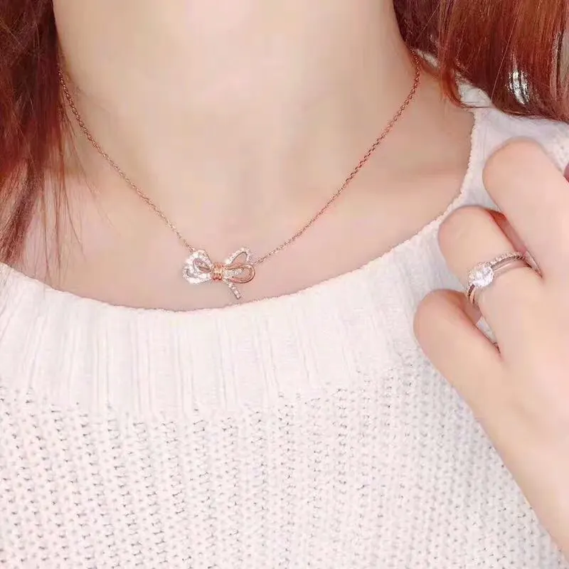 Swarovski Rose Gold Bow Necklace - Swarovski Rose Gold Crystal Bow
