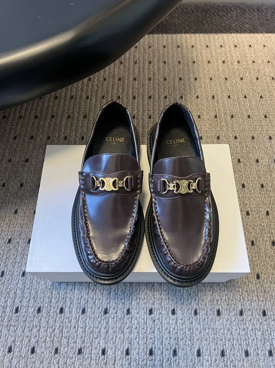 Celine Dark Brown Leather Loafers - Gold Chain Detail