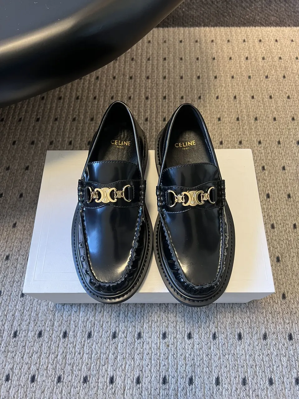 Celine Black Leather Loafers - Gold Chain Detail