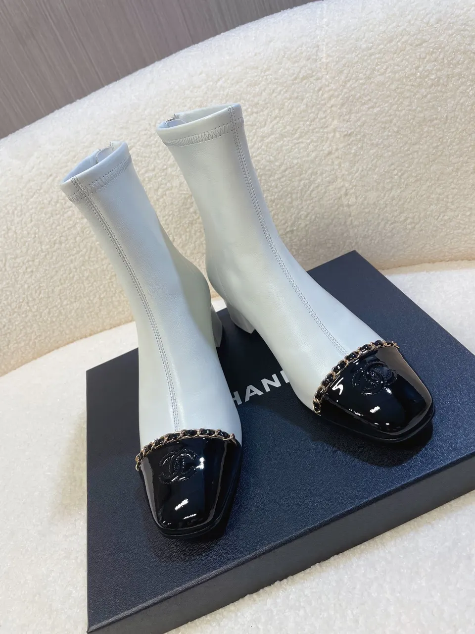 leather Chanel White Black Ankle Boots - Chanel White & Black Leather