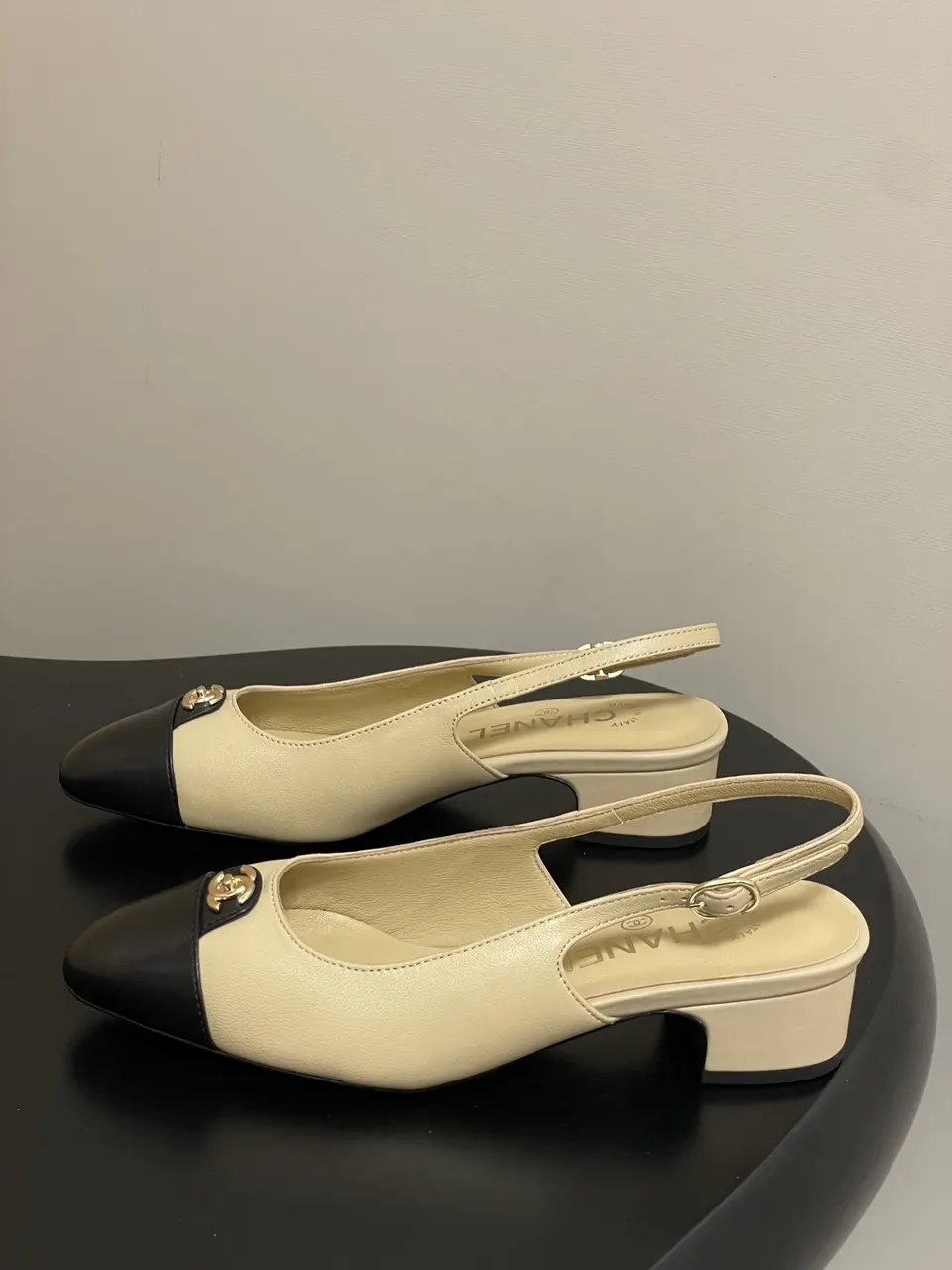 Classic Chanel Two-Tone Slingback Block Heel Pumps – Beige & Black