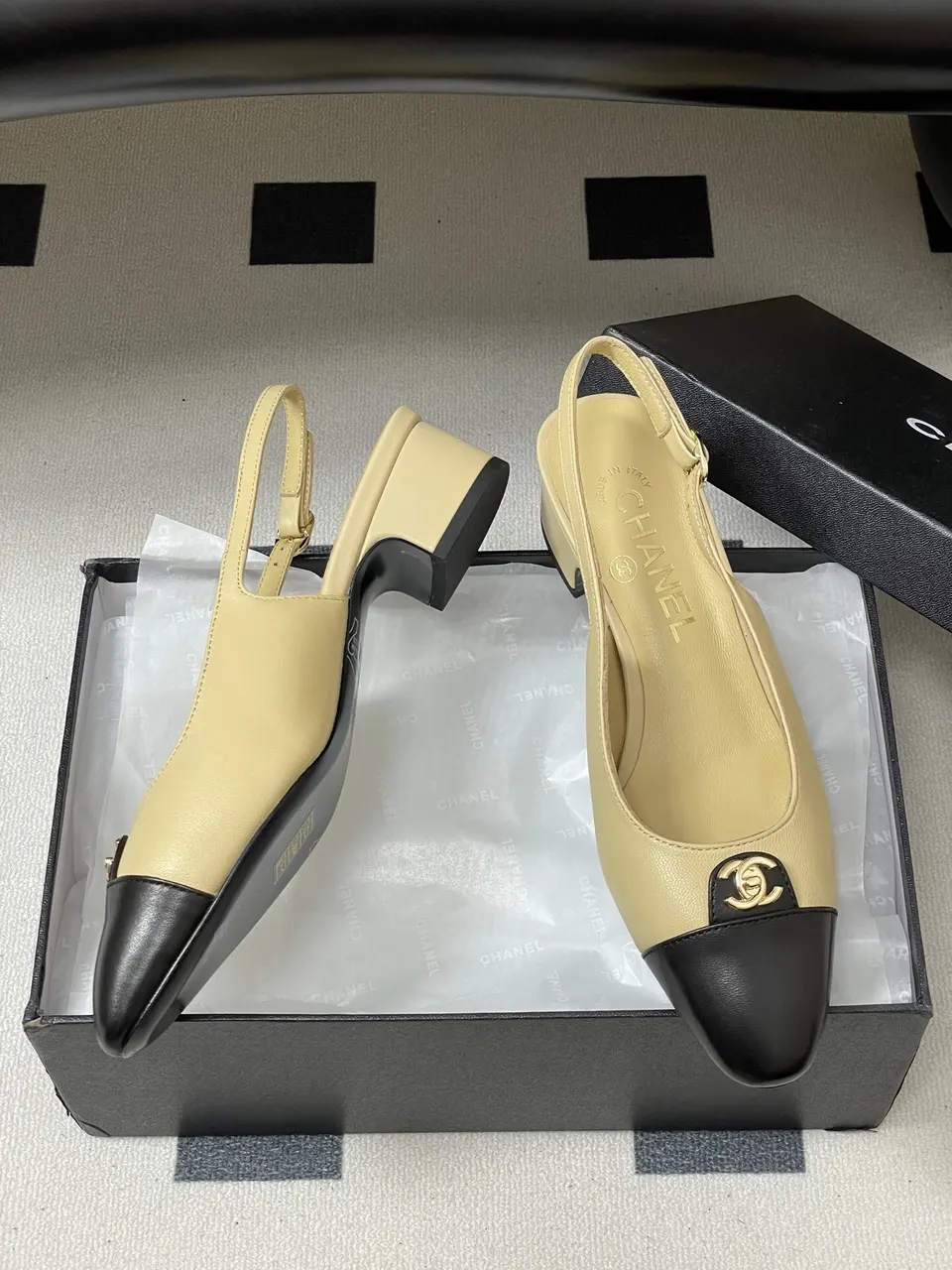 Classic Chanel Two-Tone Slingback Block Heel Pumps – Beige & Black
